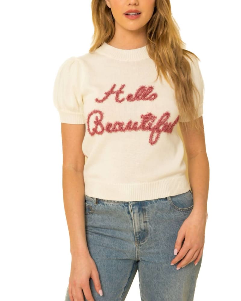 Front of a model wearing a size 1X Hello Beautiful Sweater Top in White in White by Gilli. | dia_product_style_image_id:326969